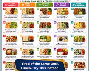 Bento Box Lunch Ideas Printable, Meal Prep Lunch Chart, Bento Box Meal Planner, Easy Packed Lunch Ideas, Healthy Lunch Combinations Guide
