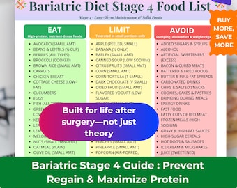 Bariatric Diet Stage 4 Food List, Gastric Bypass & Sleeve Maintenance Guide Printable, High Protein Food Chart, Weight Loss Surgery Recovery