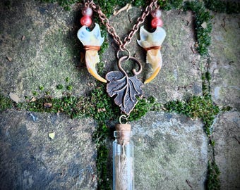 Real Jaw Bone and Leaf Necklace | Curiosities | Oddities | Animal Bones | Unique Jewelry |