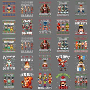 Może przedstawiać: Kolekcja świątecznych wzorów z dziadkami do orzechów i frazą "DEEZ NUTS" w różnych stylach. Projekty obejmują ilustracje dziadków do orzechów, choinek i świątecznych wzorów, wszystko na szarym tle.