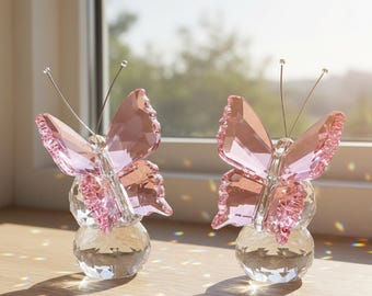 Handcrafted Pink Crystal Butterfly Figurine Set – 2-Piece Glass Decor