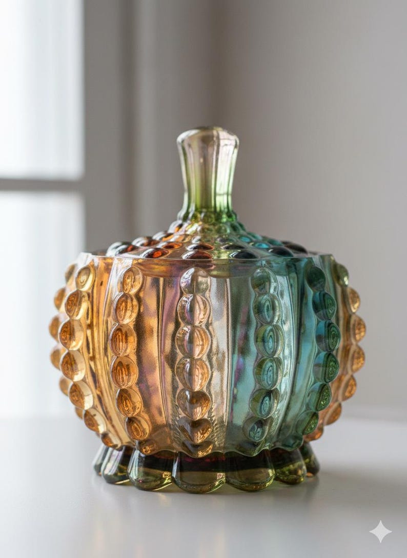 Handcrafted Iridescent Crystal Glass Candy Jar – Embossed Decorative Storage with Lid bild 2
