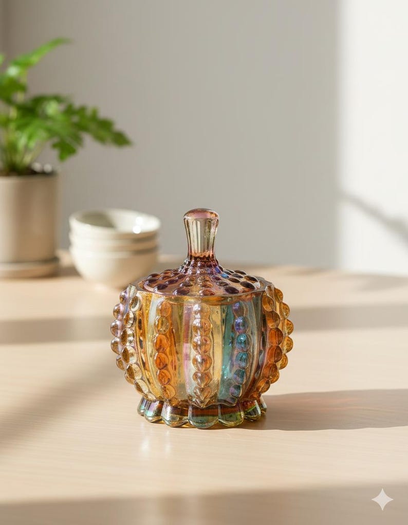 Handcrafted Iridescent Crystal Glass Candy Jar – Embossed Decorative Storage with Lid bild 6