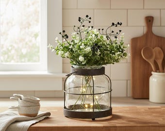 Vintage Farmhouse Glass Lantern Vase Kit – Rustic Floral Decor with Soft Lights