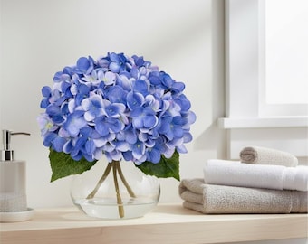 Handcrafted Slate Blue Hydrangea Arrangement – Silk Flowers in Glass Vase Decor