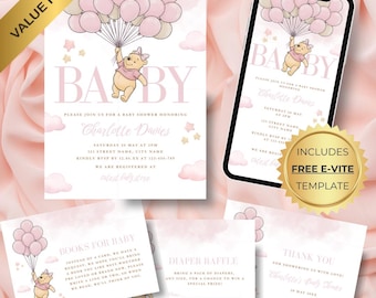 Invitación para baby shower de Winnie the Pooh con globos rosas, invitación rosa de Winnie the Pooh, plantilla imprimible de "It's a Girl Pooh", descarga instantánea