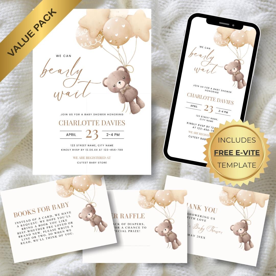 Gender Neutral We Can Bearly Wait Bear Baby Shower Invitation Bundle ...