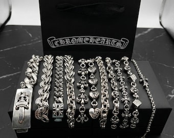 Bransoletka CH w pudełku ze srebra próby 925 w stylu vintage z klasycznymi kwiatami i krzyżem, styl gotycki, luksusowy prezent dla mężczyzn