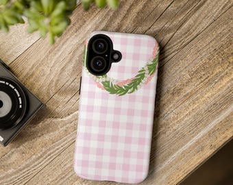 Pink Gingham Floral Hawaiian Lei Phone Case | Pink Palaka Hawaii