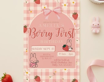 Bunny Strawberry First Birthday Invitation Template (Editable Canva)