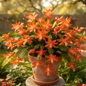 May include: A potted Christmas cactus with vibrant orange flowers. The plant is in a terracotta pot, sitting on a stone base. The flowers have a star-like shape with white stamens, and the green leaves provide a contrast to the bright blooms.