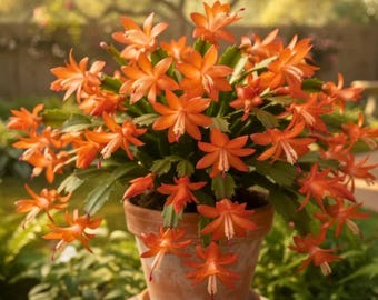 May include: A potted Christmas cactus with vibrant orange flowers. The plant is in a terracotta pot, sitting on a stone base. The flowers have a star-like shape with white stamens, and the green leaves provide a contrast to the bright blooms.