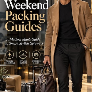 Può includere: Un cappotto di lana color cammello, un maglione nero e pantaloni neri. L'immagine contiene il testo: Travel Smarter Dress Better Go Further, Travel & Weekend Packing Guides, A Modern Man's Guide to Smart, Stylish Getaways, Travel Essentials, Stylish Outfits, Weekend Ready, Good Places Better Men.
