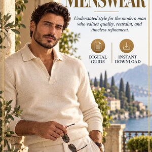 Op de afbeelding: Een digitale gids getiteld Yana Atelier Mason Quiet Luxury Menswear met tekst over ingetogen stijl. De afbeelding bevat iconen voor een digitale gids en directe download, met een man in een crèmekleurig poloshirt en een lichte broek.
