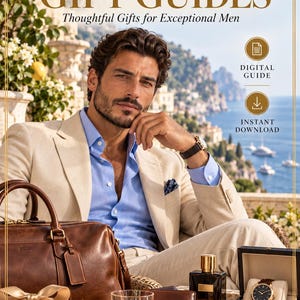 May include: A digital guide titled YANA ATELIER MASON MEN'S GIFT GUIDES featuring a person in a beige blazer and blue shirt. The image displays a brown leather bag, a glass of amber liquid, a wallet, perfume, a watch in a box, and sunglasses.