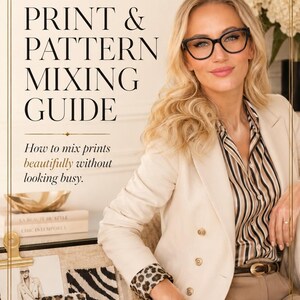 May include: A Print & Pattern Mixing Guide by Yana Atelier Mason featuring a person wearing a beige blazer, a striped shirt with leopard print cuffs, and black glasses. The image includes text, a mood board with fabric swatches, and books.