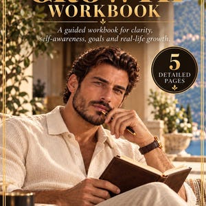 Puede incluir: Un libro de ejercicios de crecimiento personal con texto dorado sobre fondo oscuro. La portada muestra a una persona con un bolígrafo y un libro abierto, con el texto YANA ATELIER MASON, 5 DETAILED PAGES y secciones de autorreflexión y metas.