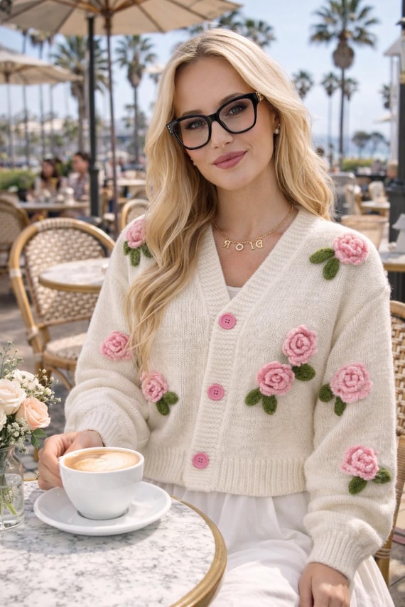 Floral Rose Button Cardigan, White Knit Sweater - Etsy