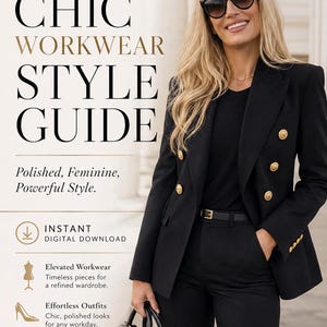 Pode incluir: Um guia de estilo digital intitulado CHIC WORKWEAR STYLE GUIDE da YANA ATELIER MASON. O documento apresenta texto sobre downloads digitais instantâneos, vestuário de trabalho elevado e estilo confiante, ao lado de ícones de manequim, sapato e bolsa.