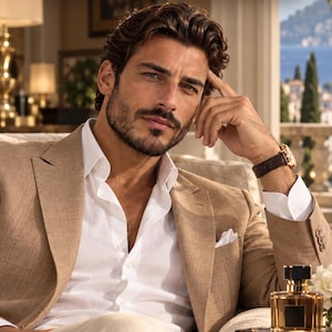 Op de afbeelding: Een tijdschriftomslag met de titel GROOMING & FRAGRANCE A Modern Guide to Presence, Polish & Signature Scent met een persoon met donker haar en een baard in een beige blazer en wit overhemd, met een glazen parfumfles op een tafel.