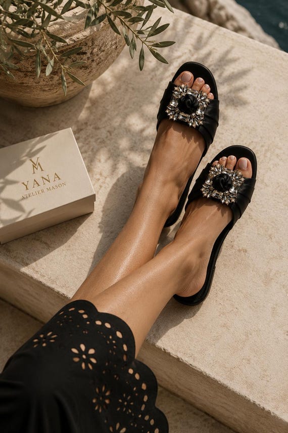 Black Satin Rhinestone Flat Sandals, Luxury Resort Slides, Elegant Crystal Embellished Flats