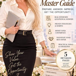 May include: The Job Interview Master Guide digital download features text including YANA ATELIER MASON, CAREER & MONEY COLLECTION, PREPARE. ANSWER. IMPRESS. GET THE OPPORTUNITY., and Show Your Value. Get the Opportunity. with icons and lists.