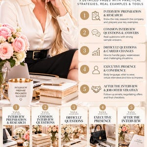 May include: A digital guide titled What's Inside The Job Interview Master Guide by Yana Atelier Mason. It features five sections covering interview preparation, common questions, difficult topics, executive presence, and job offer strategies.
