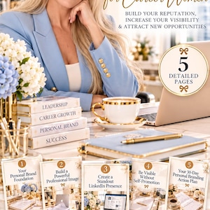 May include: A digital guide titled Personal Branding for Career Women by Yana Atelier Mason, featuring five detailed pages with sections on leadership, career growth, and a 30-day action plan, presented with icons for instant download and practical tools.