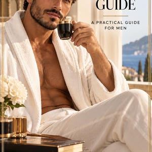 Op de afbeelding: Een witte badjas en witte broek met een persoon die een klein zwart en goud espressokopje vasthoudt. De tekst luidt MORNING ROUTINE GUIDE A PRACTICAL GUIDE FOR MEN. De scène bevat een donkere marmeren tafel met een boek en witte bloemen.
