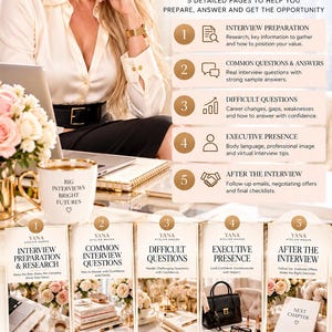 May include: A digital guide titled What's Inside The Job Interview Master Guide by Yana Atelier Mason. It features five sections covering interview preparation, common questions, difficult questions, executive presence, and post-interview steps.