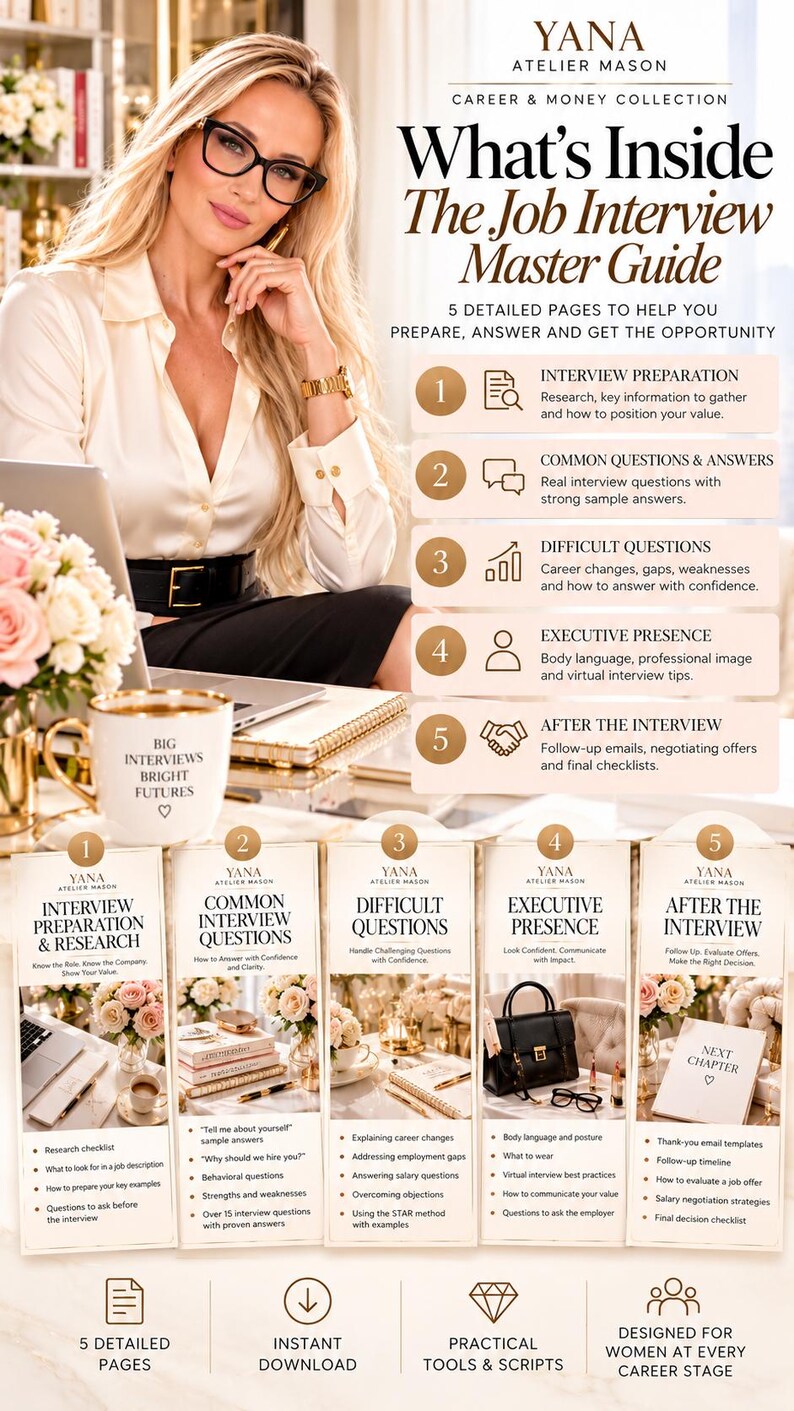 May include: A digital guide titled What's Inside The Job Interview Master Guide by Yana Atelier Mason. It features five sections covering interview preparation, common questions, difficult questions, executive presence, and post-interview steps.