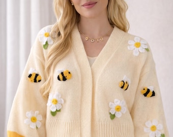 Floral Bee Cardigan, 3D Appliqué Knit Sweater, Cottagecore Style