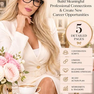 May include: A digital guide titled The Art of Networking by Yana Atelier Mason, featuring 5 detailed pages with conversation scripts, LinkedIn templates, relationship building strategies, a 30-day action plan, and worksheets and trackers.