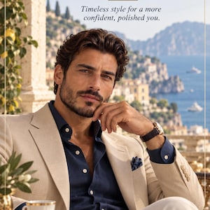 Könnte beinhalten: Eine Person trägt einen beigen Blazer über einem dunkelblauen Hemd mit Einstecktuch. Das Bild enthält den Text: FOR HIM MEN'S STYLE GUIDES Timeless style for a more confident, polished you. ITALY. Die Person trägt eine Armbanduhr.
