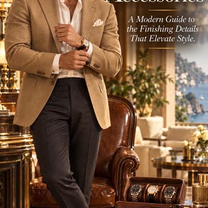May include: A tan blazer, white shirt, and dark trousers paired with brown leather tassel loafers. A brown leather watch case holds three wristwatches. Text reads: Watches, Shoes & Accessories. A Modern Guide to the Finishing Details That Elevate Style.