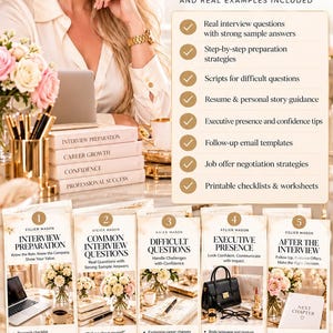 May include: A digital career and money collection guide titled Practical Tools for Your Success by Yana Atelier Mason. The document features five detailed chapters covering interview preparation, common questions, difficult questions, executive presence, and post-interview steps with checklists, scripts, and templates.
