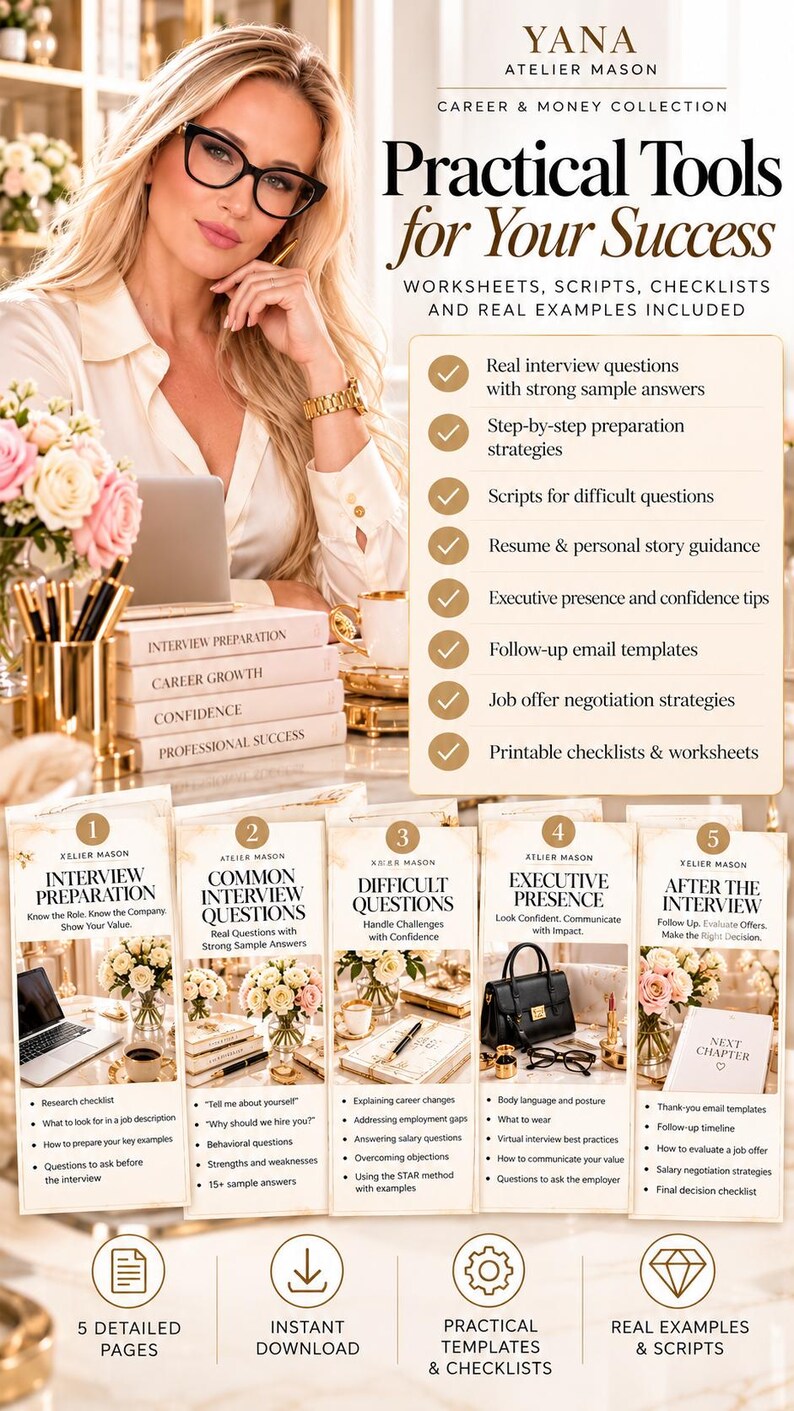 May include: A digital career and money collection guide titled Practical Tools for Your Success by Yana Atelier Mason. The document features five detailed chapters covering interview preparation, common questions, difficult questions, executive presence, and post-interview steps with checklists, scripts, and templates.
