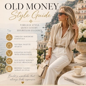 Może przedstawiać: Cyfrowy przewodnik po stylu w formacie PDF zatytułowany YANA ATELIER MASON OLD MONEY Style Guide. Dokument zawiera tekst o ponadczasowym stylu, dyskretnym luksusie i podstawach garderoby oraz ilustrację osoby w neutralnym stroju.
