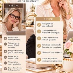 May include: A digital flyer for The Job Interview Master Guide by Yana Atelier Mason. It features a comparison between a nervous state and a confident state, with text detailing interview preparation, strategies, and career advice.