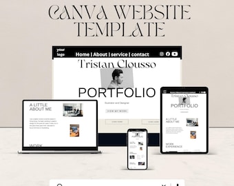May include: A digital portfolio website template displayed on a laptop, tablet, and smartphone. The website design features a clean, modern layout with the text "Portfolio website CANVA WEBSITE TEMPLATE". The website includes the name "Tristan Clousso".