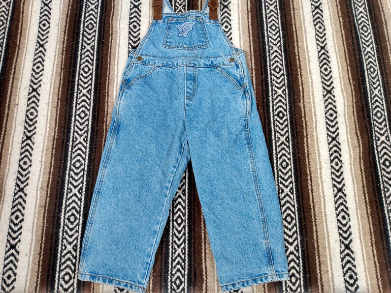 GUESS Jeans Kids Overalls denim blue Jeans 80s 90s Mint condition size 5 Youth pants bottoms leather shoulder straps designer USA Hip Hop ?