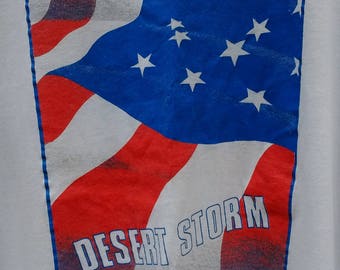 vintage Desert Storm American Flag T Shirt paper thin 50/50 single stitched Large worn white tee made in USA Iraq War military Patriotic