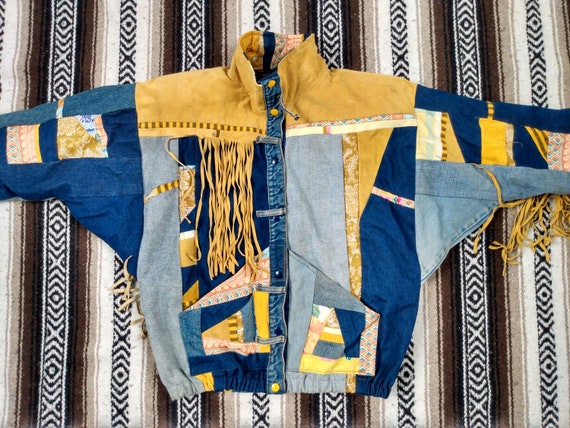 vintage Southwest Denim Leather Fringe Jacket cor… - image 2