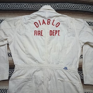 1950s Chainstitch Lee Coveralls vintage HBT Diablo Fire Department White All Cotton USA made Work Wear size 44 Long Union-alls Sanforized