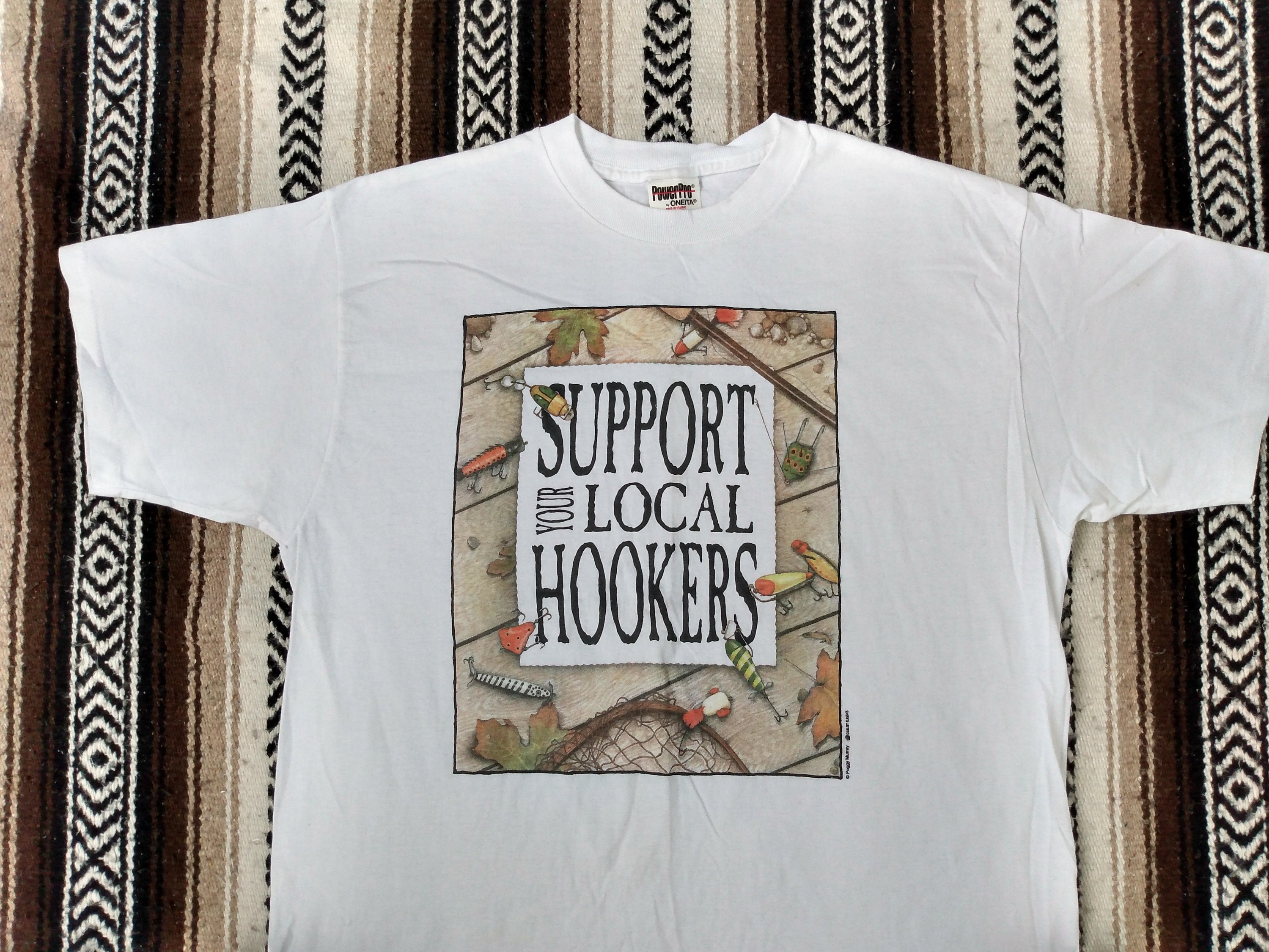 Vintage Fishing T Shirt Support Your Local Hookers Funny Parody