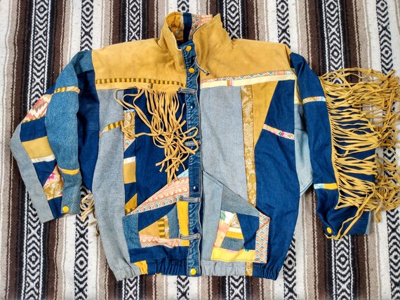 vintage Southwest Denim Leather Fringe Jacket cor… - image 1