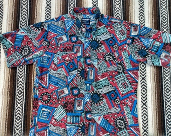 90s Wrangler AOP Shirt vintage button up size 17 L/XL wild abstract all over print Red White Blue geo designs Country Western retro Loud