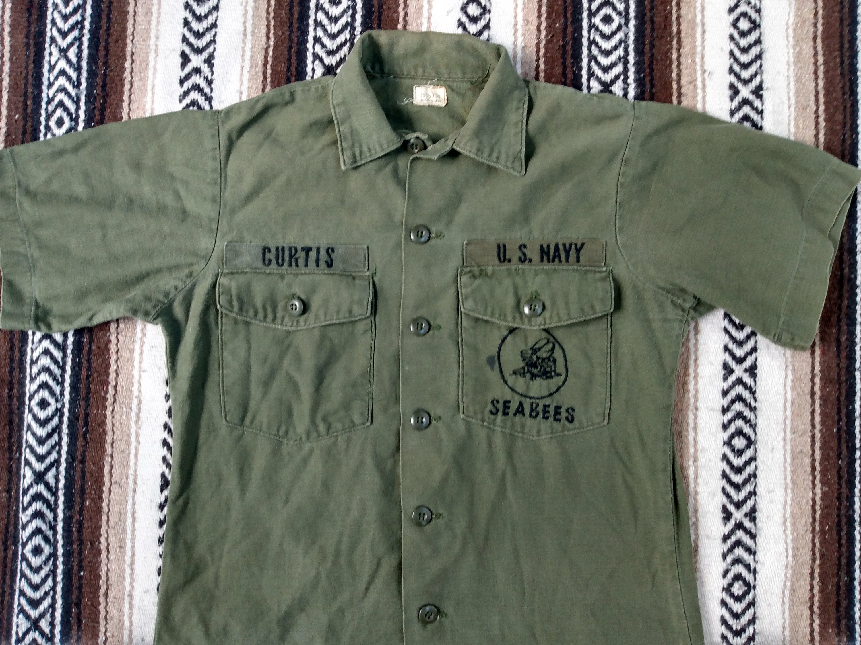 1975 Military Utility Shirt Vintage Sea Bees Vietnam War Era