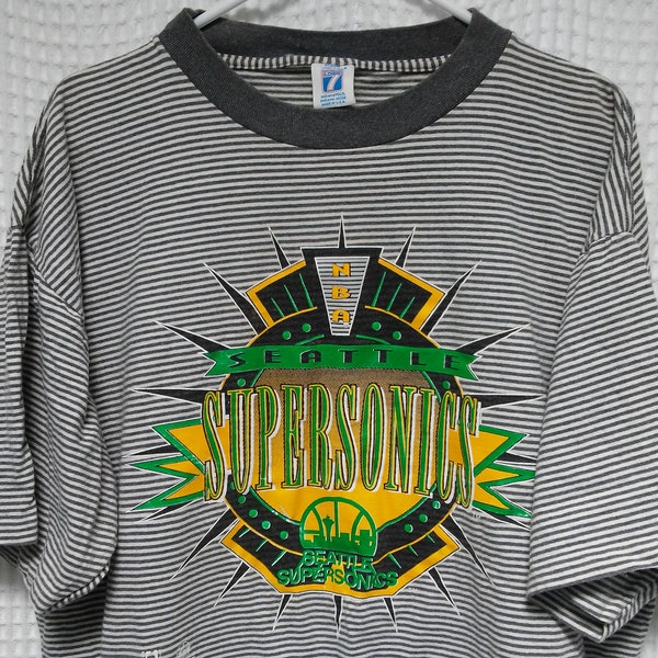 SuperSonics vintage T Shirt Seattle Sonics 1990 ancien Logo 7 rayé NBA basketball tee RARE Payton Kemp L/XL unique cousu rétro starter