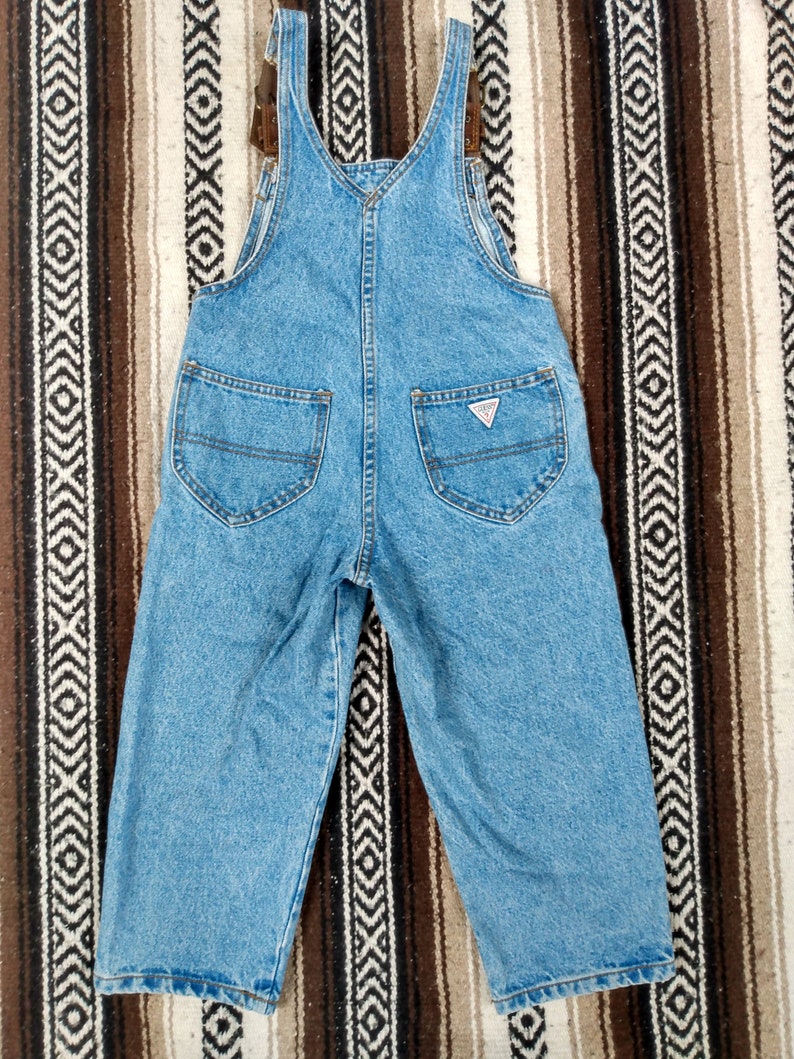 GUESS Jeans Kids Overalls denim blue Jeans 80s 90s Mint condition size 5 Youth pants bottoms leather shoulder straps designer USA Hip Hop ?